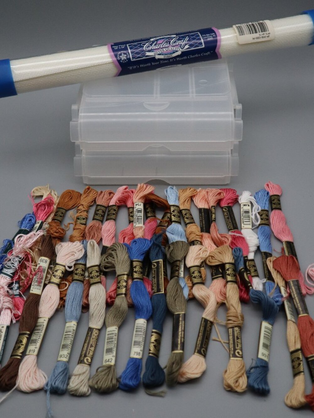 Cross Stitch Items Lot 34 Count DMC Embroidery Floss Cotton Fabric Storage Boxes